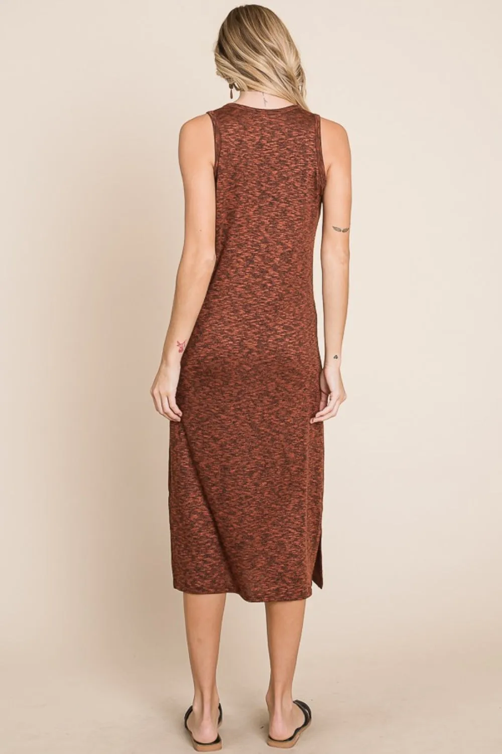 Round Neck Sleeveless Midi Dress with Slit - Rust