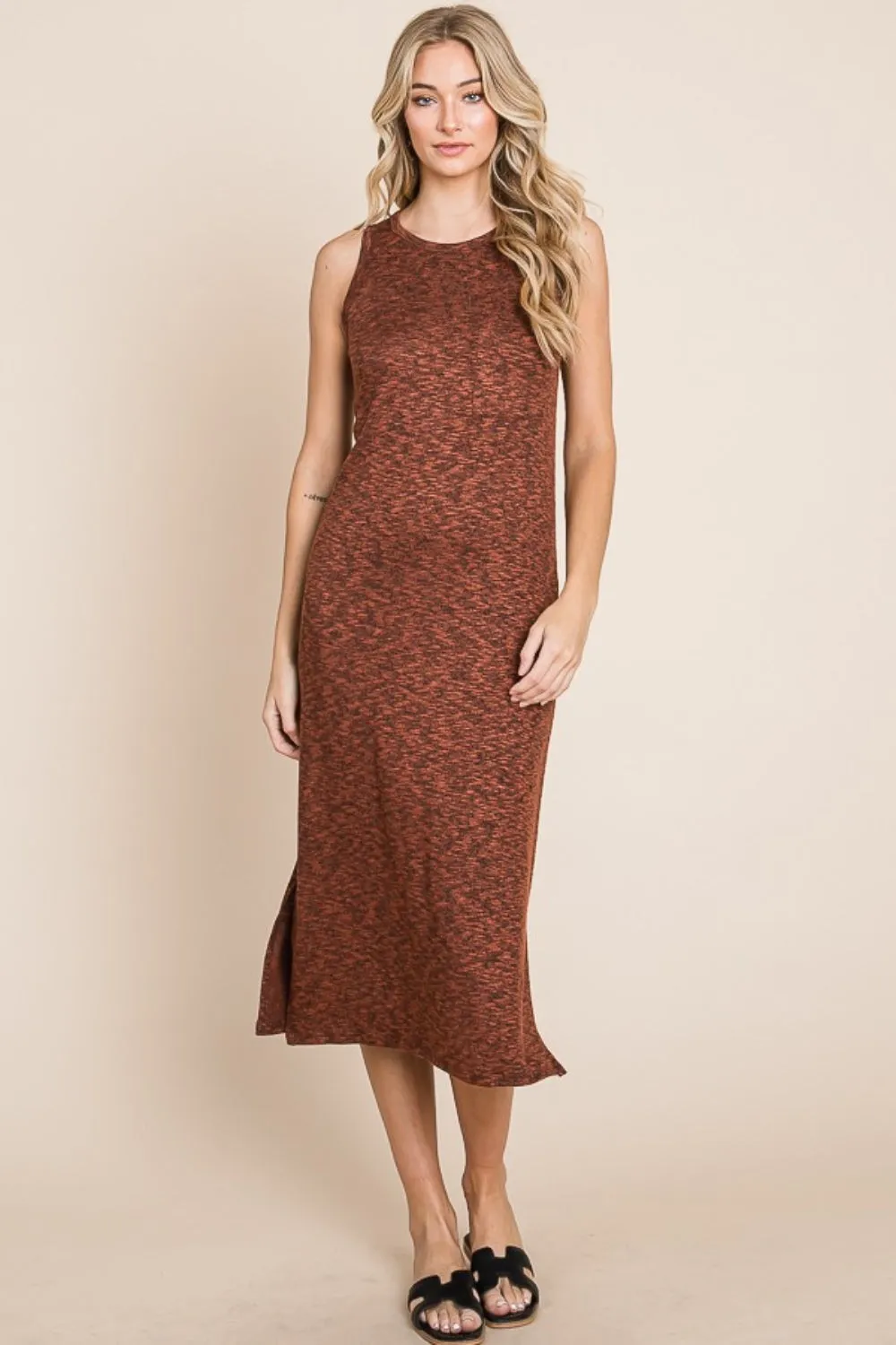 Round Neck Sleeveless Midi Dress with Slit - Rust