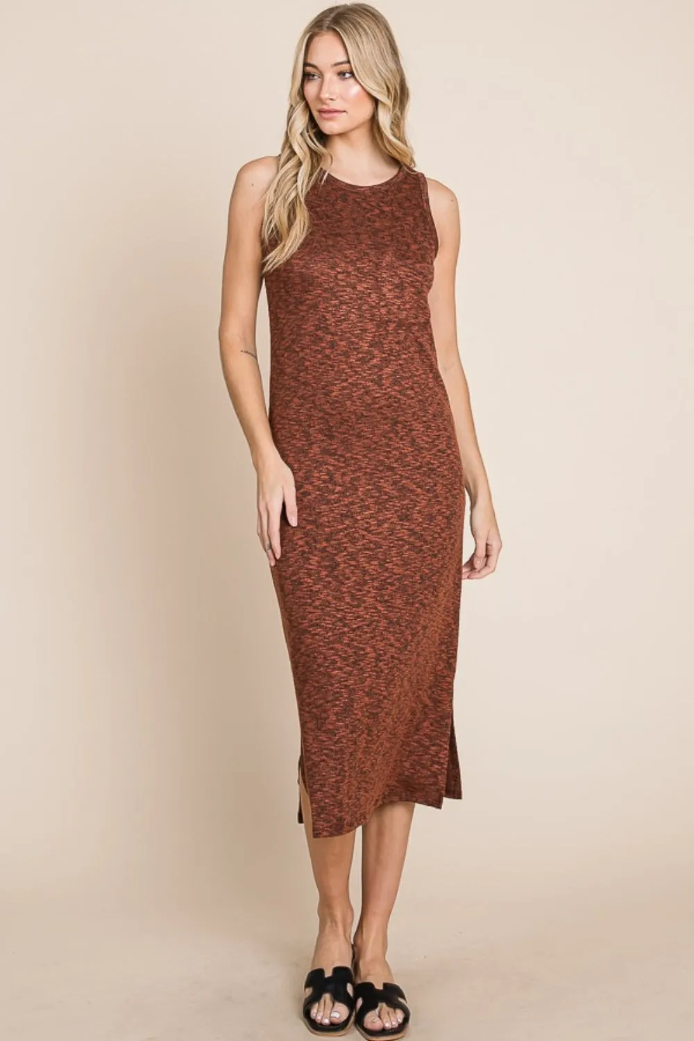 Round Neck Sleeveless Midi Dress with Slit - Rust