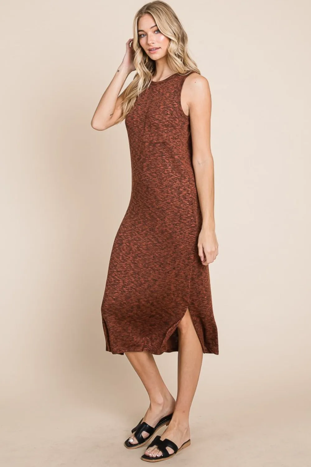 Round Neck Sleeveless Midi Dress with Slit - Rust