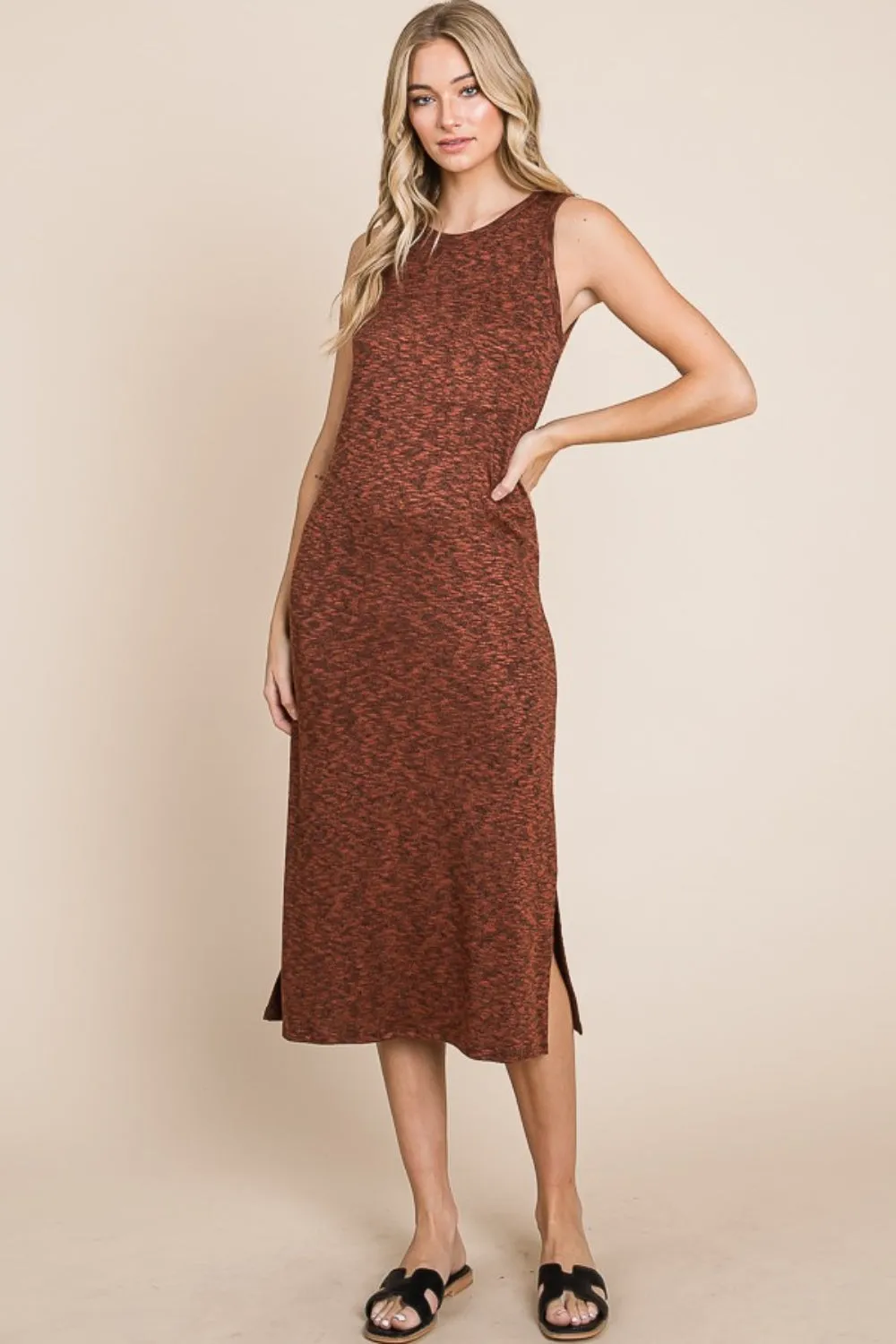 Round Neck Sleeveless Midi Dress with Slit - Rust