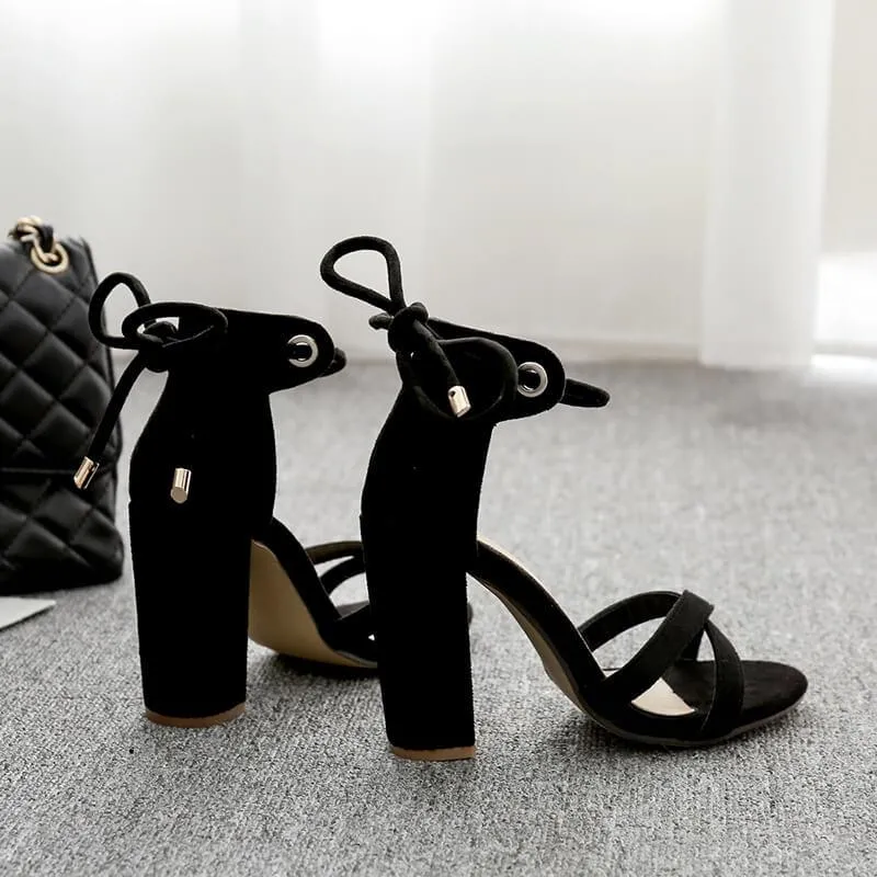 Summer Suede Stripe High Chunky Heel Sandals