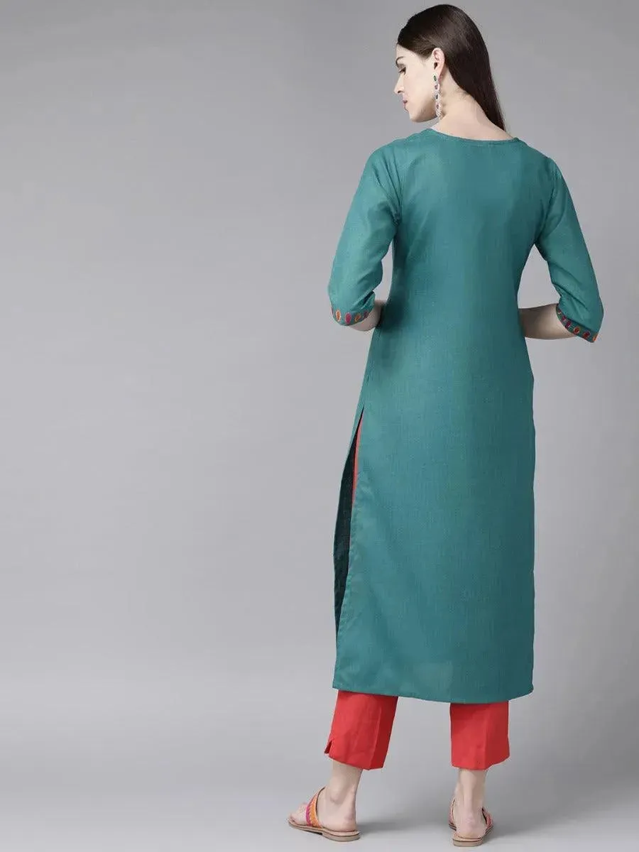 Teal Green Yoke Design Cotton Kurta