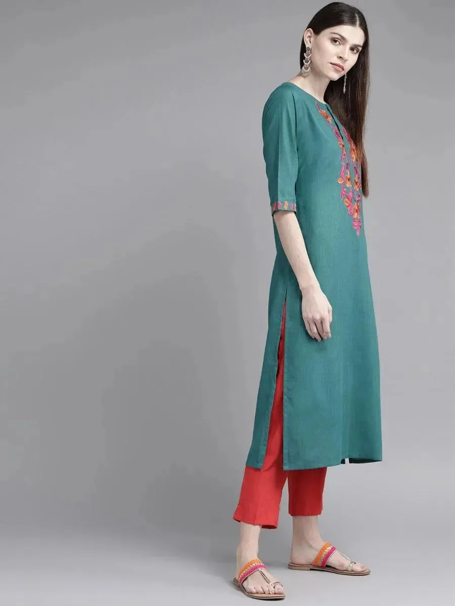 Teal Green Yoke Design Cotton Kurta