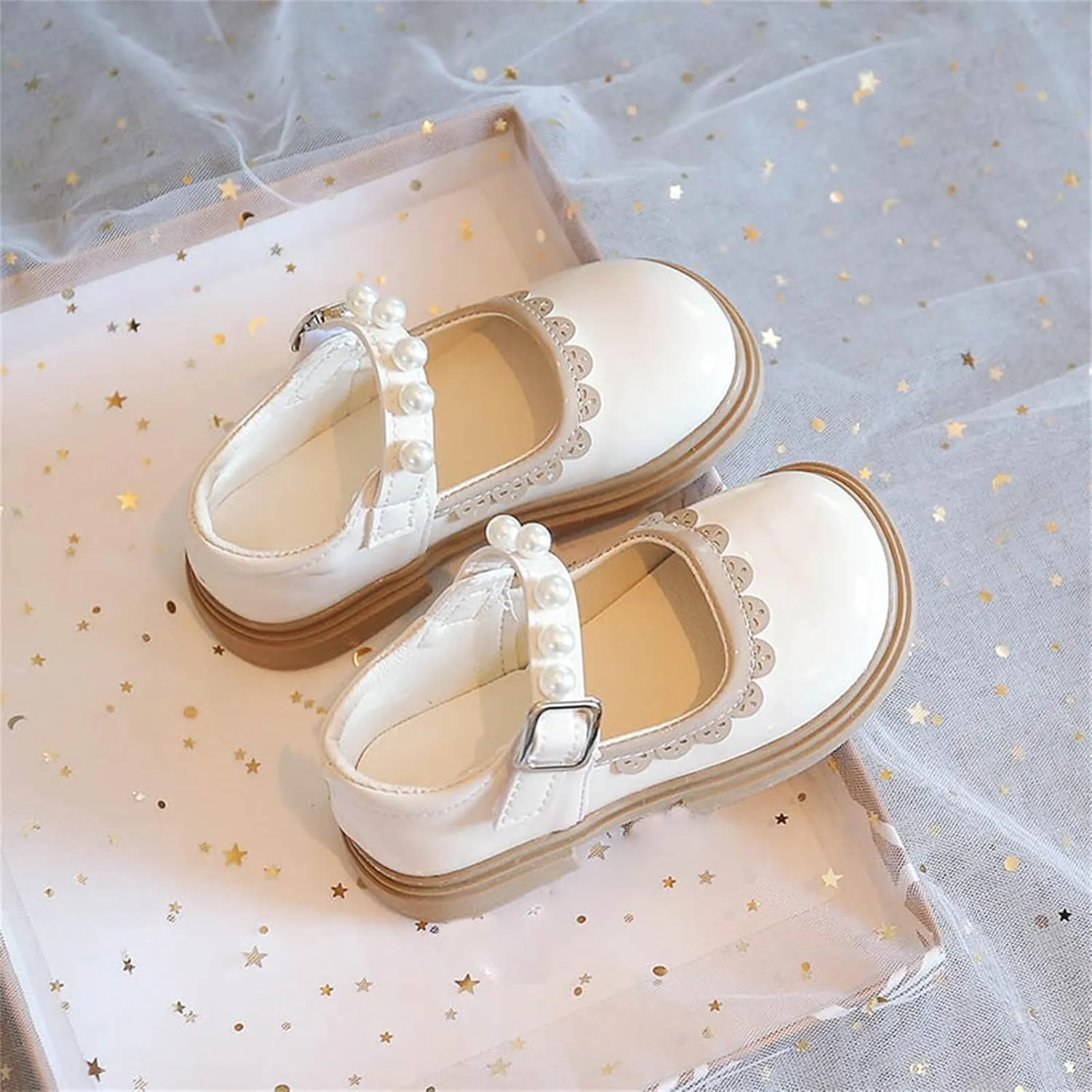 Toddler Baby Girls Mary Jane Flat with Pearls Strap Kids Formal Dress Shoes Infant Girls Slip On School Slippers