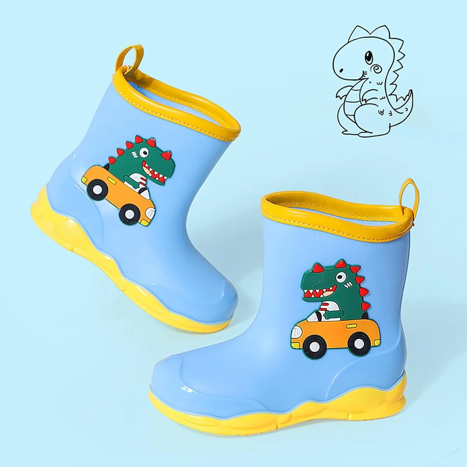Toddler Kids Waterproof Cute Cartoon Dinosaur Printed Rain Boots Patterns Rubber Boots for Little Boys Toddler Shoes