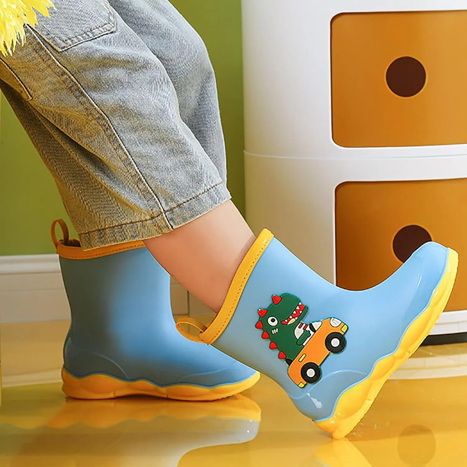 Toddler Kids Waterproof Cute Cartoon Dinosaur Printed Rain Boots Patterns Rubber Boots for Little Boys Toddler Shoes