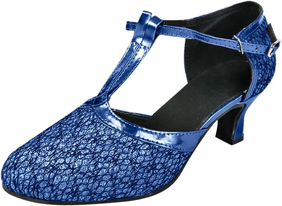 Women's Ballroom Tango Latin Salsa Dancing Shoes Sequins Shoes Social Dance Shoe Finger Sandals Heels (Blue, 7.5)