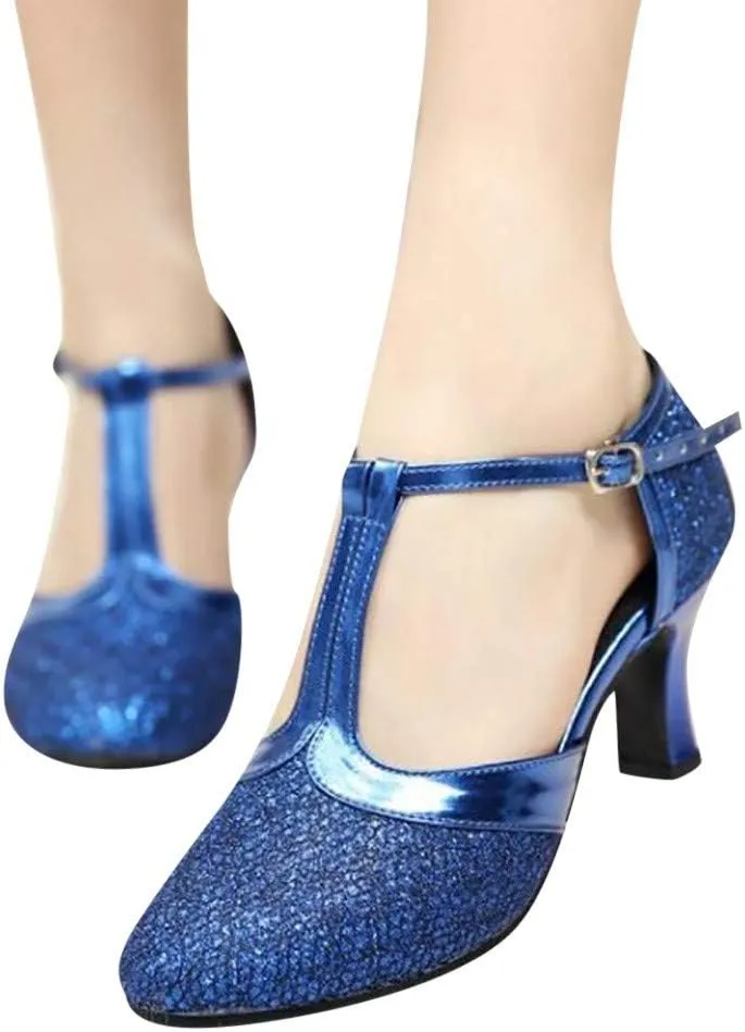 Women's Ballroom Tango Latin Salsa Dancing Shoes Sequins Shoes Social Dance Shoe Finger Sandals Heels (Blue, 7.5)