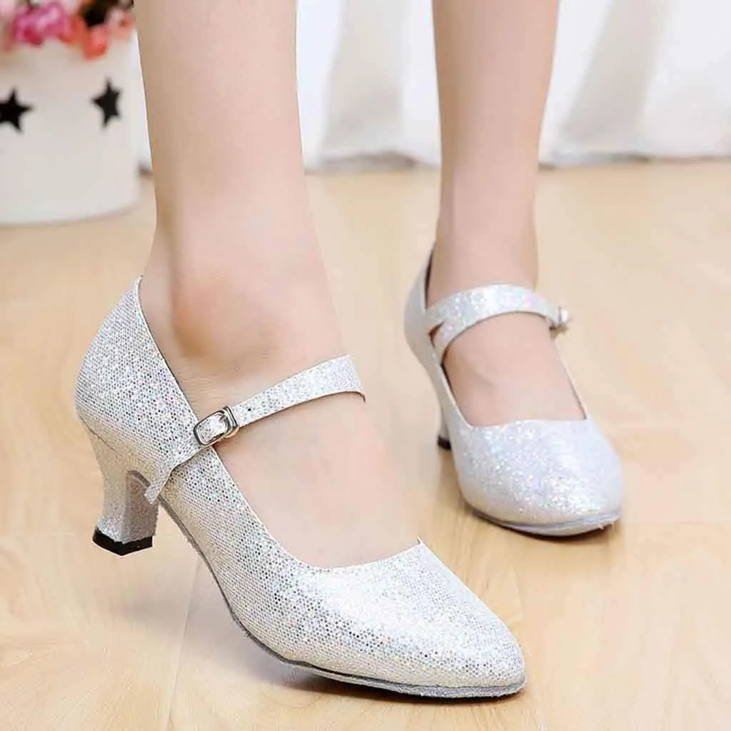 Women's Glitter Latin Ballroom Dance Shoes Pointed Toe Adjustable Strap Dancing Heels Party Dress Pumps Closed Toe