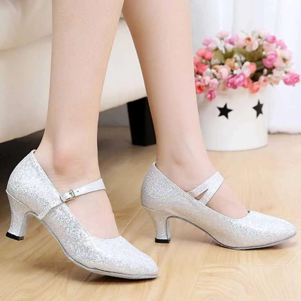 Women's Glitter Latin Ballroom Dance Shoes Pointed Toe Adjustable Strap Dancing Heels Party Dress Pumps Closed Toe