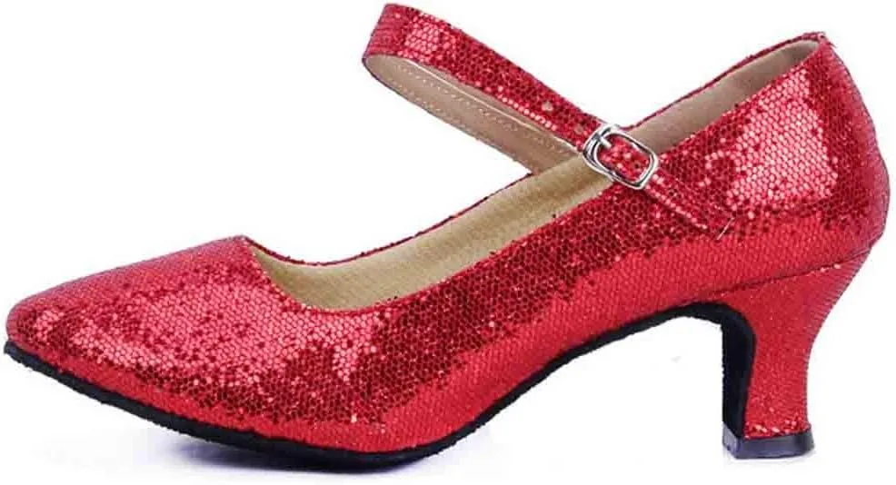 Women's Glitter Latin Ballroom Dance Shoes Pointed Toe Adjustable Strap Dancing Heels Party Dress Pumps Closed Toe